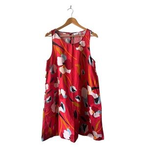 Sigrid Olsen 100% Linen Sleeveless Red Floral Vacation Trapeze Dress Large NWT